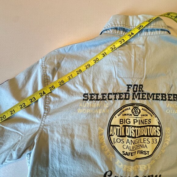 Antik Denim Button Up Patch Shirt Mens Large Blue Long Roll Tab Sleeves Patches - Picture 12 of 13